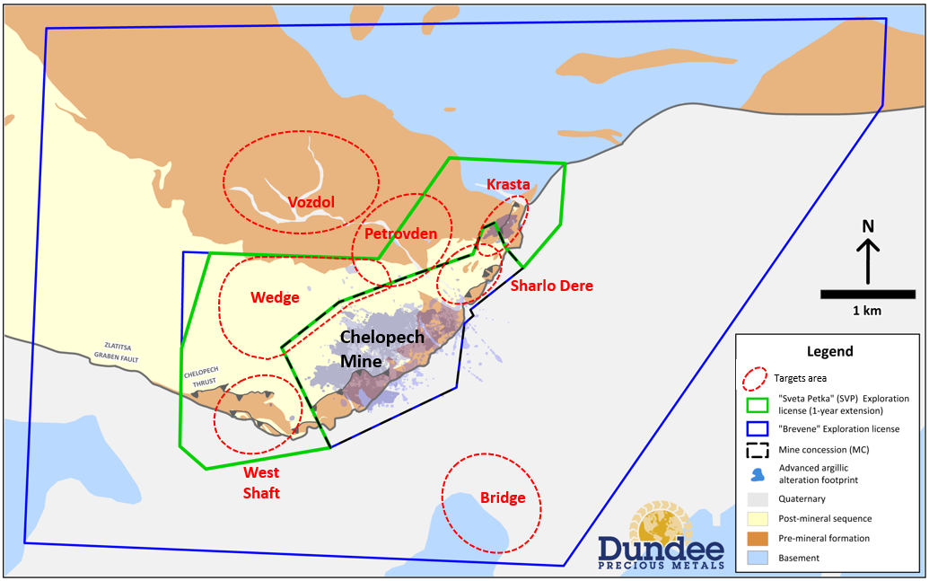 Key target areas for Chelopech brownfield exploration activities in 2021.